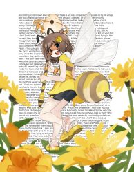 1girl ahoge alternate_costume antennae arthropod_girl artist_name bee bee_antenna bee_girl bee_movie bee_stinger bee_wings beehive black_background black_legwear black_shirt black_shorts brown_hair bug ears english_text eyebrows_visible_through_mask eyelashes feet female_focus fingernails flower flower_request freckles full_body girutea goggles hair_ornament hairclip highres holding holding_staff honey honeycomb honeycomb_hair_ornament indie_virtual_youtuber insect insect_girl insect_wings knees lily_hopkins looking_at_viewer medium_hair messy_hair multicolored_background one_leg_raised open_mouth orange_eyewear orange_goggles plant_request sandals script shirt short_sleeves shorts signature soles solo staff staff_(weapon) standing stinger striped_clothes striped_shirt teeth the_script_of_the_bee_movie_(2007) thighs tongue turned_around turning_head upper_teeth_only virtual_youtuber white_background wings wristband yellow_flower yellow_sandals yellow_shirt