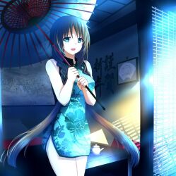 :d alternate_costume anime_coloring aqua_dress aqua_eyes aqua_streaks bare_shoulders breasts brown_hair china_dress chinese_clothes coffee_table commentary_request cowboy_shot dress hair_over_shoulder holding holding_umbrella indoors isumi_(yangyan) looking_at_viewer medium_breasts multicolored_hair oil-paper_umbrella open_mouth painting_(object) picture_frame short_dress sleeveless sleeveless_dress sliding_doors smile standing streaked_hair table teapot twintails umbrella utau window_blinds xia_yu_yao