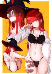 1girl absurdres black_bra black_hat blunt_bangs borrowed_character bra breasts commentary cutoffs ear_piercing earrings english_commentary eranahh glasses hat highres hugging_own_legs jewelry long_hair looking_at_viewer multiple_views navel off-shoulder_shirt off_shoulder one_eye_closed original outside_border piercing red_eyes red_hair rubbing_eyes shirt sitting standing strapless tube_top underwear val_(yan_kodiac) white_tube_top witch_hat