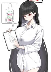 1girl absurdres alternate_costume black_hair black_halo blue_archive breasts bright_pupils hair_ornament hairclip halo highres large_breasts like_and_retweet long_hair naked_shirt red_eyes rio_(blue_archive) shirt solo tewaki very_long_hair white_background white_pupils