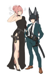 2girls animal_ears breasts dress earrings gun height_difference highres holster hoshimi_miyabi jacket jewelry large_breasts long_hair maiqo medium_breasts multiple_girls single-shoulder_dress sword thigh_holster tsukishiro_yanagi weapon zenless_zone_zero