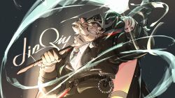 1boy animal_ears axe bara black_coat black_gloves black_hat black_pants character_name coat commentary dislyte english_commentary fangs furry furry_male gloves glowing glowing_eyes grin hat highres holding holding_axe jin_qiu_(ru_shou)_(dislyte) looking_at_viewer looking_down male_focus narpanoomy pants shirt smile tiger tiger_boy tiger_ears tiger_stripes whip white_fur white_shirt white_tiger