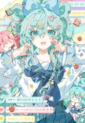 Rule 34 | 1girl, :d, bandaid, bandaid on hand, blue bow, blue bowtie, blue sailor collar, bow, bowtie, braid, colorful background, commentary, facial tattoo, fang, green eyes, green hair, hair between eyes, hair bow, hands up, hatsune miku, highres, light blush, long hair, long sleeves, looking at viewer, number tattoo, open mouth, sailor collar, sakura miku, shirt, smile, solo, sunfish3939, symbol-only commentary, tattoo, translation request, twin braids, vocaloid, white shirt