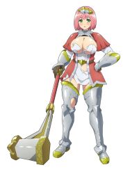 1girl blush breasts cleavage dress embarrassed full_body futoku_no_guild gauntlets green_eyes hammer hanabata_nohkins hand_on_own_hip holding holding_hammer huge_breasts kaneko_hiraku looking_at_viewer navel open_mouth pink_hair short_hair simple_background solo standing tachi-e thighs torn_clothes torn_dress weapon white_background