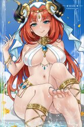 1girl bare_shoulders bikini blue_eyes breasts cleavage genshin_impact highres large_breasts long_hair nilou_(genshin_impact) paid_reward_available red_hair ryuuneart swimsuit veil white_bikini