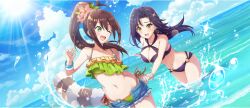 Rule 34 | 2girls, :d, ;d, armpit crease, asymmetrical sidelocks, bare arms, bare legs, bare shoulders, bikini, bikini under shorts, black hair, blue sky, bracelet, breasts, brown hair, cleavage, cloud, cloudy sky, collarbone, day, denim, denim shorts, earrings, flower, frilled bikini, frills, game cg, green bikini, green eyes, groin, hair between eyes, hair flower, hair ornament, halterneck, hand grab, hand up, hibiscus, high ponytail, highres, jewelry, kono subarashii sekai ni shukufuku wo!, konosuba! fantastic days, large breasts, lean (konosuba), leaning forward, light blush, long hair, looking at another, looking back, melissa (konosuba), multiple girls, navel, o-ring, o-ring bikini, o-ring bottom, o-ring top, ocean, official alternate costume, official art, one eye closed, open fly, open mouth, parted bangs, pink flower, ponytail, purple bikini, raccoon tail, short shorts, shorts, side-tie bikini bottom, sidelocks, single earring, sky, small breasts, smile, splashing, standing, stomach, sun, sunlight, swimsuit, tail, wading, water, wet, yellow eyes