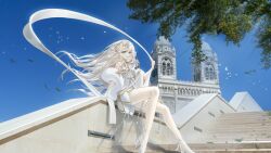 1girl absurdres bare_shoulders blue_eyes dress earrings hair_ribbon high_heels highres jewelry original ribbon shale shoes sitting smile stairs thighs white_dress white_hair white_ribbon white_shoes wind