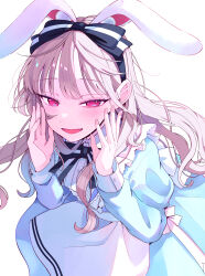 1girl absurdres animal_ear_hairband animal_ears black_hairband blonde_hair blue_dress bow_hairband commentary_request dress fake_animal_ears fang frilled_dress frills hairband hands_up highres juliet_sleeves kamikawa_runa long_hair long_sleeves looking_at_viewer maria_komaki ookami_wa_tsuki_ni_koi_wo_suru open_mouth pink_eyes puffy_sleeves rabbit_ear_hairband rabbit_ears simple_background smile solo white_background