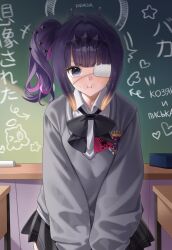 1girl absurdres black_ribbon black_skirt blue_eyes blunt_bangs board_eraser chalk chalkboard chuunibyou classroom collared_shirt commentary desk english_commentary eyepatch flat_chest gradient_hair grey_sweater hair_ornament headpiece highres hololive hololive_english indoors kabacha long_sleeves looking_at_viewer medical_eyepatch medium_hair miniskirt mole mole_under_eye multicolored_hair ninomae_ina&#039;nis ninomae_ina&#039;nis_(school_uniform) official_alternate_costume official_alternate_hairstyle one_eye_covered pink_hair plaid_clothes plaid_skirt pleated_skirt pout purple_hair ribbon school_desk school_emblem school_uniform shirt side_ponytail sidelocks skirt solo straight-on streaked_hair sweat sweater tentacle_hair upper_body v-neck virtual_youtuber white_shirt