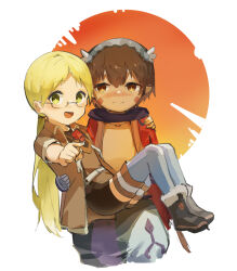 1boy 1girl :d absurdres ankle_boots arm_behind_another&#039;s_back black_bodysuit black_boots blonde_hair blush bodysuit boots brown_eyes brown_hair brown_jacket cape carrying chinese_commentary closed_mouth collarbone commentary_request cropped_legs facial_mark fur-trimmed_boots fur_trim glasses green_eyes grey_hairband grey_thighhighs hairband highres jacket long_hair looking_at_viewer made_in_abyss metal_hairband nose_blush open_clothes open_jacket open_mouth pants parted_bangs pointing princess_carry red_cape reg_(made_in_abyss) riko_(made_in_abyss) semi-rimless_eyewear short_hair smile standing sterlank thighhighs under-rim_eyewear whistle