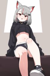 1girl :3 absurdres alternate_costume animal_ears bare_legs black_choker black_hoodie black_shorts cat_ears choker crop_top crop_top_overhang cropped_hoodie dolphin_shorts drawstring ear_piercing earrings extra_ears grey_hair highres hood hood_down hoodie jewelry long_sleeves looking_at_viewer midriff multicolored_hair navel neneko_mashiro open_mouth piercing red_eyes saho_4545 shoes short_hair short_shorts shorts sitting smile solo stellive stomach streaked_hair thighs virtual_youtuber