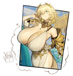 2girls absurdres aglaea_(honkai:_star_rail) ancient_greek_clothes blonde_hair breast_tattoo breasts cleavage commentary_request dress flower gold_tattoo greco-roman_clothes green_eyes hair_flower hair_ornament highres honkai:_star_rail honkai_(series) huge_breasts laurel_crown melon22 multiple_girls on_bed parted_lips short_hair simple_background sleeping stelle_(honkai:_star_rail) tattoo trailblazer_(honkai:_star_rail) white_background white_dress zzz