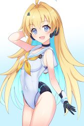 1girl absurdres ahoge android black_collar blonde_hair blue_eyes blue_hair breasts collar colored_inner_hair cowboy_shot highres long_hair maruq_2826 multicolored_hair neckerchief one-piece_swimsuit ralmia_(shadowverse) sailor_collar shadowverse solo star-shaped_pupils star_(symbol) swimsuit symbol-shaped_pupils thighs two-tone_hair white_one-piece_swimsuit white_sailor_collar yellow_neckerchief