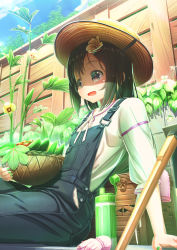 1girl aiuabo basket black_eyes black_hair black_overalls bottle day female_focus fence flower food gloves green_nails hair_flower hair_ornament hat highres hoe holding holding_basket leaf long_hair md5_mismatch nail_polish neck_ribbon okra open_mouth original outdoors overalls pink_gloves plant resolution_mismatch ribbon shirt sitting solo source_larger straw_hat sweat tomato unworn_gloves vegetable water_bottle white_flower white_ribbon white_shirt wooden_fence yellow_flower zucchini_(vegetable)