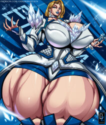Rule 34 | 1girl, absurdres, blonde hair, blue eyes, breasts, champagne flute, choker, cleavage, cup, curvy, drinking glass, earrings, emma frost, female focus, gigantic breasts, highres, jewelry, lipstick, looking at viewer, makeup, marvel, marvel rivals, muscular, muscular female, nail polish, osmar-shotgun, short hair, solo, thick thighs, thighs, wide hips