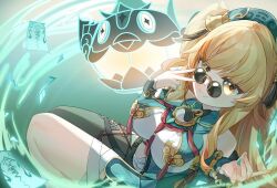Rule 34 | 1girl, absurdres, aqua dress, aqua hat, bare shoulders, blonde hair, breasts, chinese clothes, commentary, dress, glasses, grin, hand up, hat, highres, honkai (series), honkai impact 3rd, large breasts, long hair, looking at viewer, mogu kinoko, ofuda, pince-nez, smile, solo, songque, songque (jovial deception: shadowdimmer), sunglasses, v, yellow eyes, yin yang