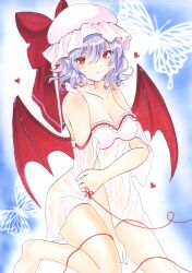 Rule 34 | 1girl, absurdres, babydoll, bare shoulders, bat wings, blue background, blue hair, bow, breasts, bug, butterfly, cleavage, collarbone, commentary request, foot out of frame, hat, hat bow, heart, highres, insect, light blush, lingerie, medium breasts, mob cap, no panties, parted lips, pink babydoll, pink hat, red bow, red eyes, red wings, remilia scarlet, see-through clothes, slit pupils, solo, string, string of fate, thighs, touhou, underwear, white butterfly, wings, yamiichif