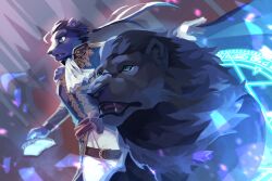 1boy animal_ears another_eidos-r ascot black_coat book coat commentary_request fangs furry furry_male gloves green_eyes highres kafka_(another_eidos) kukku_kuu lion lion_boy lion_ears lion_mane magic_circle male_focus open_book open_mouth pants ponytail white_ascot white_gloves white_pants
