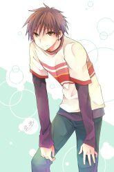 Rule 34 | 1boy, brown eyes, brown hair, ever 17, ginnoturu, highres, kaburaki ryougo, layered sleeves, long sleeves, pants, shirt, short hair, short over long sleeves, short sleeves, smile, solo, striped clothes, striped shirt