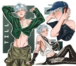 Rule 34 | 1boy, alien stage, alternate costume, baseball cap, black gloves, black necktie, black pants, black shirt, blue hat, blue nails, cardigan, character name, commentary, crop top, cross, cross necklace, daisy88811, english commentary, eyewear on head, fingerless gloves, glasses, gloves, green cardigan, green eyes, hands on headphones, hat, headphones, highres, jewelry, knee up, long sleeves, male underwear, male underwear peek, midriff, multiple rings, multiple views, navel, neck tattoo, necklace, necktie, overalls, pants, red nails, ring, shirt, short sleeves, sitting, tank top, tattoo, till (alien stage), underwear, white tank top