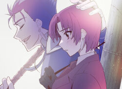 1boy 1girl absurdres bazett_fraga_mcremitz black_gloves black_suit blue_bodysuit blue_hair blue_molmotto bodysuit closed_eyes commentary_request cu_chulainn_(fate) fate/hollow_ataraxia fate_(series) formal_clothes gae_bolg_(fate) gloves hand_on_another&#039;s_head highres holding holding_polearm holding_weapon lance light_blush mole mole_under_eye necktie open_mouth parted_lips polearm purple_eyes purple_hair shirt short_hair suit weapon white_background white_shirt
