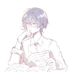 1boy alternate_costume bespectacled blue_eyes blunt_ends book bracelet casual choppy_bangs closed_mouth collared_shirt contemporary elbow_rest expressionless genshin_impact glasses grey_hair hair_intakes hand_on_own_face hand_up highres holding holding_paper holding_phone jewelry limited_palette long_sleeves looking_to_the_side male_focus open_book paper phone scaramouche_(genshin_impact) shirt sketch solo sooxy upper_body white-framed_eyewear white_background