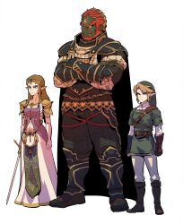 1girl 2boys arm_guards beard boots brown_hair cape dark-skinned_male dark_skin dress facial_hair ganondorf green_tunic highres holding holding_sword holding_weapon link multiple_boys nintendo pointy_ears princess_zelda red_hair redlhzz simple_background sword tall_male the_legend_of_zelda the_legend_of_zelda:_twilight_princess thick_eyebrows tiara tunic variant_set weapon