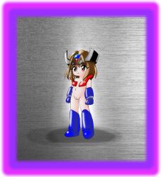 1999 1girl armor armored_boots armored_gloves blue_armor blue_footwear blue_gloves boots brown_eyes brown_hair flat_chest gloves gonelson_(artist) grey_background headgear highres loli manoyuya_(artist) mazinger_(series) mazinger_z mazinger_z_(mecha) mecha_musume modeling navel nude nude_modeling personification pussy red_armor shoes short_hair smile standing