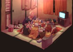 1girl 4boys aramaki_daisuke bad_id bad_pixiv_id batou_(gits) bottle eating ghost_in_the_shell highres ishikawa_(gits) katsuoboshi kotatsu kusanagi_motoko mullet multiple_boys nabe scarf sitting slice_of_life table tank_top teapot television togusa_(gits)