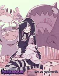 1girl aria_wintermint black_shirt blush breasts coin dice highres jacket large_breasts long_hair monster off_shoulder open_clothes open_jacket parororo scarf seiza sharp_teeth shirt sitting striped_clothes striped_thighhighs teeth the_crawling_city thighhighs wavy_mouth