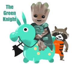 armor axe commentary english_commentary full_body green_armor groot guardians_of_the_galaxy holding holding_axe horse looking_at_viewer marvel marvel_cinematic_universe no_humans no_lineart onikobe_rin open_mouth raccoon rocket_raccoon simple_background sir_gawain_and_the_green_knight smile white_background