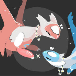 claws closed_eyes florissant flower gen_3_pokemon happy holding latias latios legendary_pokemon nintendo no_humans pokemon pokemon_(creature) wings