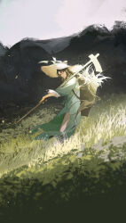 Rule 34 | 1boy, absurdres, backpack basket, brown eyes, brown hair, chinese clothes, chinese commentary, closed mouth, foliage, full body, grass, green hanfu, green ribbon, hair ribbon, han muchun, hanfu, hat, highres, hoe, holding hoe, liu yao, long hair, long sleeves, low-tied long hair, male focus, mingtiantian, mountain, outdoors, pants, ribbon, smile, solo, standing, straw hat, white pants