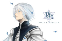 Rule 34 | 1boy, blue eyes, copyright name, emanuel (pixiv fantasia), hair between eyes, male focus, musabin3, petals, pixiv fantasia, pixiv fantasia 5, short hair, simple background, solo, upper body, white background, white hair