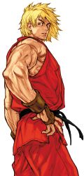 1boy blonde_hair blue_eyes capcom capcom_vs_snk_2 dougi facing_to_the_side fingerless_gloves game_cg gloves hand_on_own_hip highres karate_gi ken_masters looking_back male_focus martial_arts_belt mma_gloves muscular muscular_male nishimura_kinu non-web_source official_art pectorals sidepec sleeveless street_fighter third-party_source v-shaped_eyebrows veins veiny_arms white_background