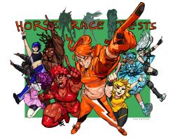 6+girls a_mysterious_figure black_hair blonde_hair blue_dress blue_eyes blue_hair bow breasts brown_hair brown_jacket bullet&#039;n_board cleavage comely_material_morning_(horse_race_tests) crop_top cyan_(horse_race_tests) dark_skin door_knob_(horse_race_tests) downtown_skybox dreadlocks dress elbow_pads fingerless_gloves foreshortening garbage_bin_(horse_race_tests) glasses gloves green_background hair_over_eyes highres horse_race_tests jacket jovial_merryment knee_pads knighttime_knifemare long_hair monster multiple_girls muscular muscular_female orange-tinted_eyewear orange_gloves orange_hair outside_border pants pink_hair pink_skirt pointing pointing_up red_hair resolute_mind_afternoon running shorts simple_background single_glove skirt smile sunglasses superstitional_realism sweater tinted_eyewear track_pants white_hair wristband yellow_(horse_race_tests) zarzaliel