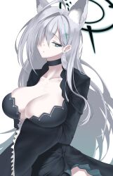 1girl absurdres animal_ear_fluff animal_ears black_dress blue_archive blue_eyes breasts choker crimecrime cross_hair_ornament dress extra_ears grey_hair hair_ornament halo highres large_breasts long_hair long_sleeves looking_at_viewer shiroko_(blue_archive) shiroko_terror_(blue_archive) solo wolf_ears