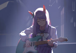 1girl absurdres animal_ears closed_eyes highres horse_ears horse_girl instrument long_hair mejiro_mcqueen_(umamusume) music playing_guitar playing_instrument purple_hair smile solo tagme tuomali umamusume