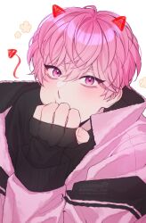 1boy bamby_(plave) covering_own_mouth drawn_horns hair_between_eyes hand_over_own_mouth highres horns jacket k-pop long_sleeves looking_at_viewer lukapang male_focus pink_eyes pink_hair pink_jacket plave red_horns short_hair simple_background solo upper_body white_background