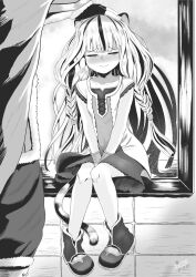 1boy 1girl andro_gs animal_ears atla_fayon between_legs black_hair blunt_bangs blush boots braid cape closed_mouth dress fingerless_gloves fur-trimmed_cape fur_trim gloves greyscale half-closed_eyes hand_between_legs hand_on_another&#039;s_head headpat highres iwatani_naofumi knees_together_feet_apart long_hair metal_arm_cuffs monochrome multicolored_hair nose_blush out_of_frame sitting smile streaked_hair tail tate_no_yuusha_no_nariagari tiger_ears tiger_girl tiger_tail twin_braids v_arms white_hair windowsill