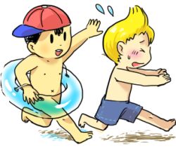 ass bad_tag bare_legs barefoot black_hair blonde_hair blush bone_(artist) child completely_nude feet hat legs lucas_(mother_3) mother_(series) mother_2 mother_3 ness_(mother_2) nintendo nude running shorts shorts_only shota smile super_smash_bros. sweatdrop swim_donut