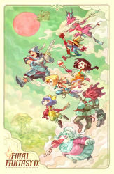 1other 3girls 4boys adelbert_steiner aqua_pants arm_ribbon armor armored_boots blonde_hair blue_hair bob_cut bodysuit boots bow breasts brown_hair burmecian chef_hat choko_(cup) claw_(weapon) coat colored_skin cup dreadlocks earrings eiko_carol final_fantasy final_fantasy_ix fork freija_crescent full_body garnet_til_alexandros_xvii gloves green_skin hair_bow hat hat_feather helmet highres holding holding_fork holding_polearm holding_staff holding_sword holding_weapon horns jewelry knight long_hair low-tied_long_hair low_ponytail lower_teeth_only medium_breasts monkey_tail mouse_tail multiple_boys multiple_girls neck_ribbon onemegawatt open_mouth orange_bodysuit overalls pants parted_bangs pendant pink_shirt plate_armor polearm ponytail puffy_sleeves quina_quen red_coat red_gloves red_hair red_headwear red_shirt ribbon salamander_coral shirt short_hair_with_long_locks shoulder_armor shouting single_horn staff sword tail teeth tongue tongue_out upper_teeth_only vest vivi_ornitier weapon white_hair white_shirt winged_helmet yellow_bow yellow_overalls zidane_tribal