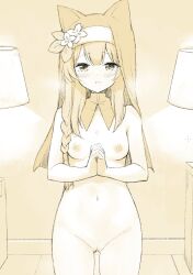 Rule 34 | 1girl, blue archive, blush, breasts, cleft of venus, coif, commentary request, completely nude, cowboy shot, dot nose, double-parted bangs, flower, guimpe, hair over shoulder, highres, indoors, interlocked fingers, lamp, long hair, looking at viewer, low-braided long hair, low-tied long hair, mari (blue archive), medium breasts, minase shuu, monochrome, navel, nipples, nude, orange theme, own hands together, parted lips, pussy, solo, standing, stomach, straight-on, sweatdrop