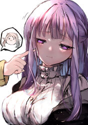 absurdres breasts coat cropped_torso fern_(sousou_no_frieren) frieren highres index_finger_raised pointing purple_eyes purple_hair shirt solo_focus sousou_no_frieren white_background white_shirt yaki_ringo1