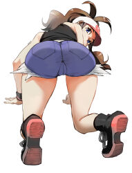 1girl absurdres all_fours ass baseball_cap black_boots black_vest blue_eyes boots brown_hair cameltoe creatures_(company) cutoffs denim denim_shorts eudetenis female_focus full_body game_freak hat highres hilda_(pokemon) long_hair looking_at_viewer looking_back nintendo poke_ball_print pokemon pokemon_bw ponytail short_shorts shorts sidelocks simple_background solo vest white_background wristband