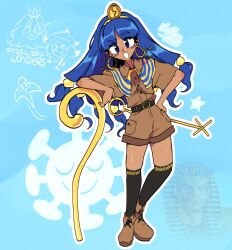 3girls alternate_skin_color black_thighhighs blue_background blue_eyes blue_hair boots brown_boots brown_shirt brown_shorts buttons chirizuka_ubame collared_shirt commentary copyright_name dark-skinned_female dark_skin earrings film_grain fossilized_wonders full_body hand_on_own_hip highres hoop_earrings houjuu_chimi jewelry key_earrings long_hair low-tied_long_hair meme michigami_nareko multiple_girls open_mouth parted_bangs rhythm_pagi scepter shirt short_sleeves shorts smile thighhighs touhou white_pharaoh_(meme)