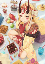 1girl absurdres black_nails blonde_hair bowl cake candy chocolate cookie cup drinking_glass drinking_straw eating facial_mark fate/grand_order fate_(series) female_focus fingernails food forehead_mark from_above fruit highres holding holding_food horns ibaraki_douji_(fate) japanese_clothes kimono long_fingernails long_toenails lotus_position mugetsu2501 nail_polish oni oni_horns plate pointy_ears sharp_fingernails sharp_toenails sitting solo sweets tattoo toenails yellow_eyes yellow_kimono