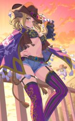 Rule 34 | 1girl, against railing, asymmetrical legwear, belt, blonde hair, bra, breasts, cape, cleavage, cowboy hat, cowboy western, denim, denim shorts, feet out of frame, genjitsu no yohane, hand on headwear, hand on own hip, hat, highres, horns, looking at viewer, looking to the side, love live!, love live! school idol festival all stars, love live! sunshine!!, mari (genjitsu no yohane), midriff, mismatched legwear, navel, official alternate costume, ohara mari, ohara mari (twilight cowgirl), orange clouds, orange sky, pellapie, print cape, purple thighhighs, railing, self cosplay, shorts, sky, solo, stomach tattoo, tassel, tattoo, thigh strap, thighhighs, underwear, waste-man, whip, yellow eyes