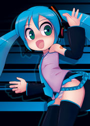 1girl aqua_hair female_focus green_eyes hatsune_miku headphones headset long_hair necktie panties skirt smile solo striped_clothes striped_panties thighhighs torotei twintails underwear vocaloid yamaha