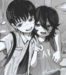 2girls absurdres aegyo_sal aquarium arm_around_shoulder ayumu_fujino blush commentary greyscale highres kyomoto_(look_back) look_back_(manga) looking_at_viewer mole mole_under_mouth monochrome multiple_girls selfie smile thomason366 twitter_username v